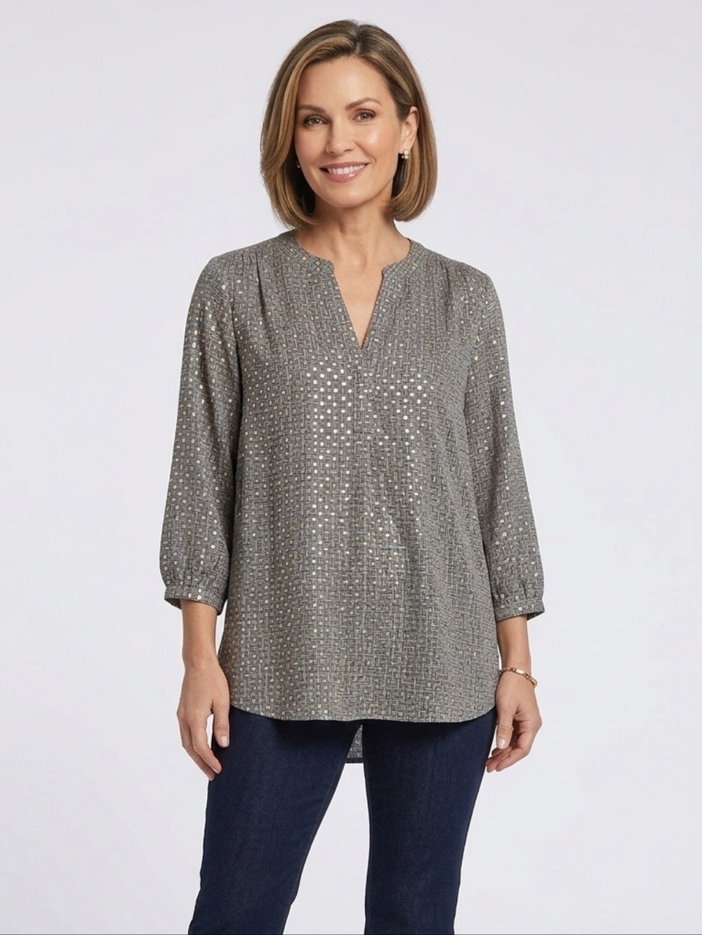 #132 LikeNew NYDJ Metallic Dot Split-Neck Top in Gray w/Gold Accents Can Fit M-L